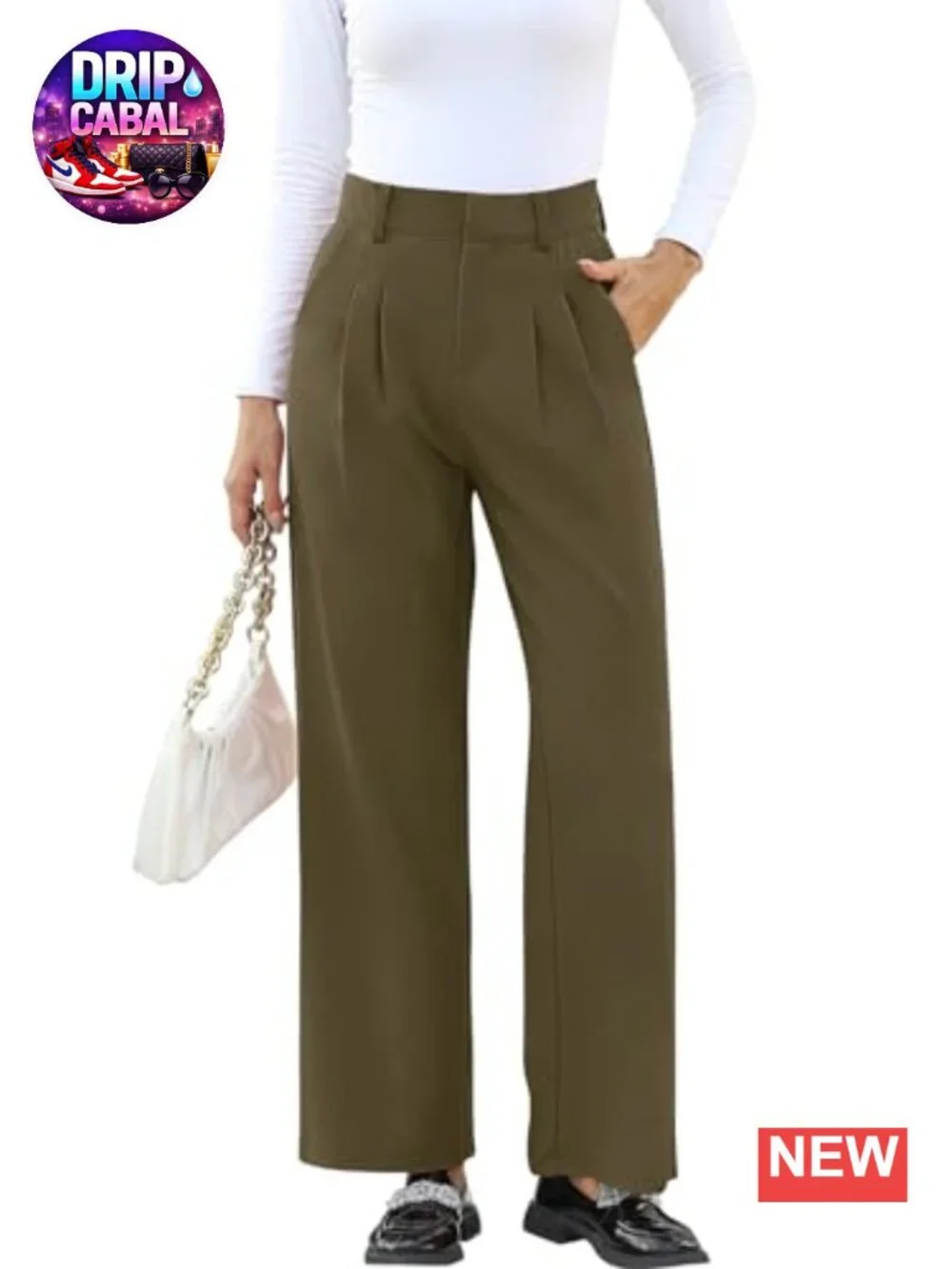 Women's Wide Leg Pleated Trousers with Pockets Business Casual Slacks High